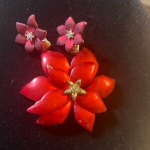 Eisenberg Poinsettia Ice Brooch Pin & Matching CLIP earrings signed